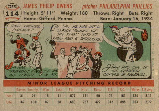 1956 Topps #114 Jim Owens back image