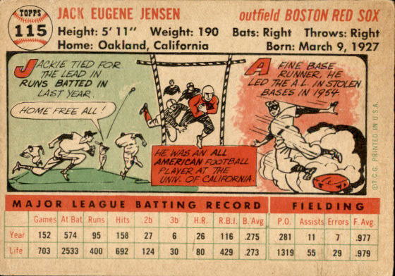 1956 Topps #115A Jackie Jensen WB back image