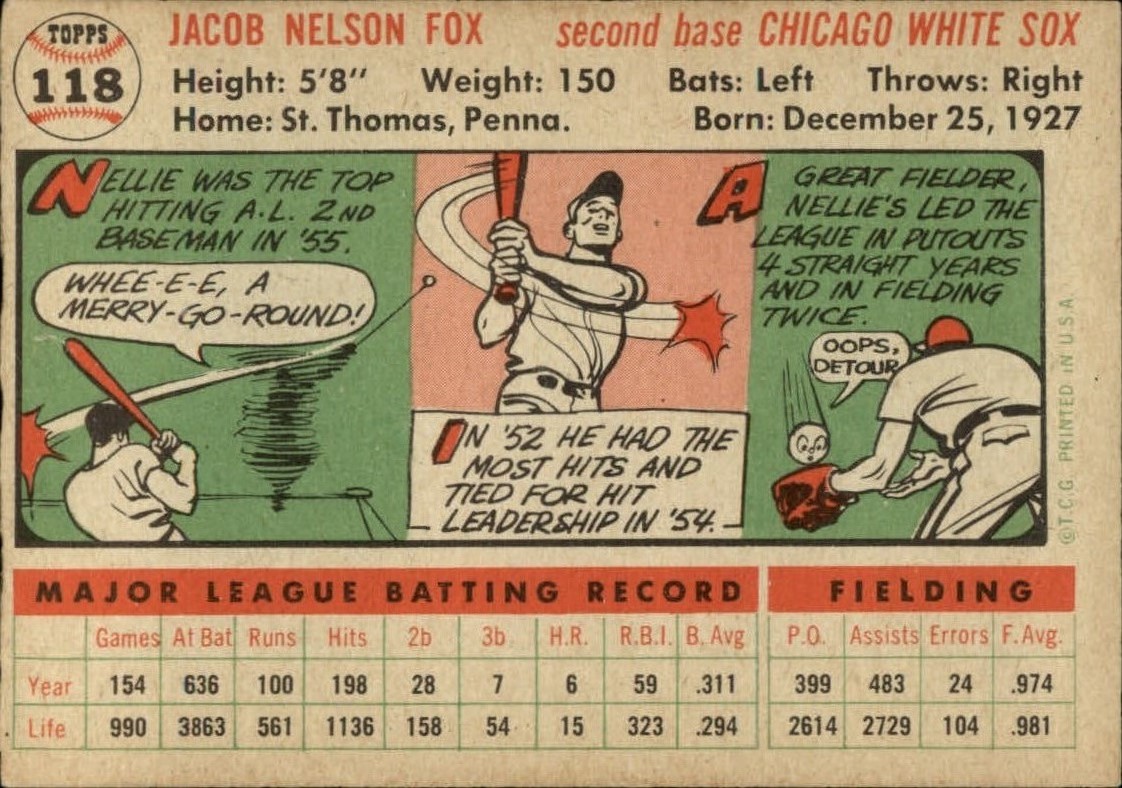 1956 Topps #118A Nellie Fox WB back image