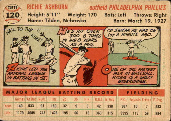 1956 Topps #120A Richie Ashburn WB back image