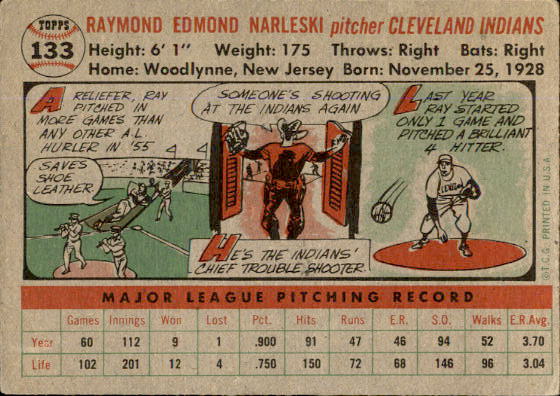 1956 Topps #133 Ray Narleski back image