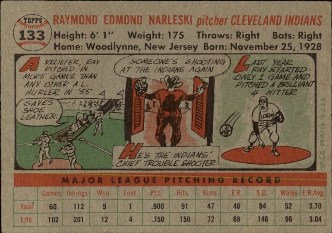 1956 Topps #133 Ray Narleski back image