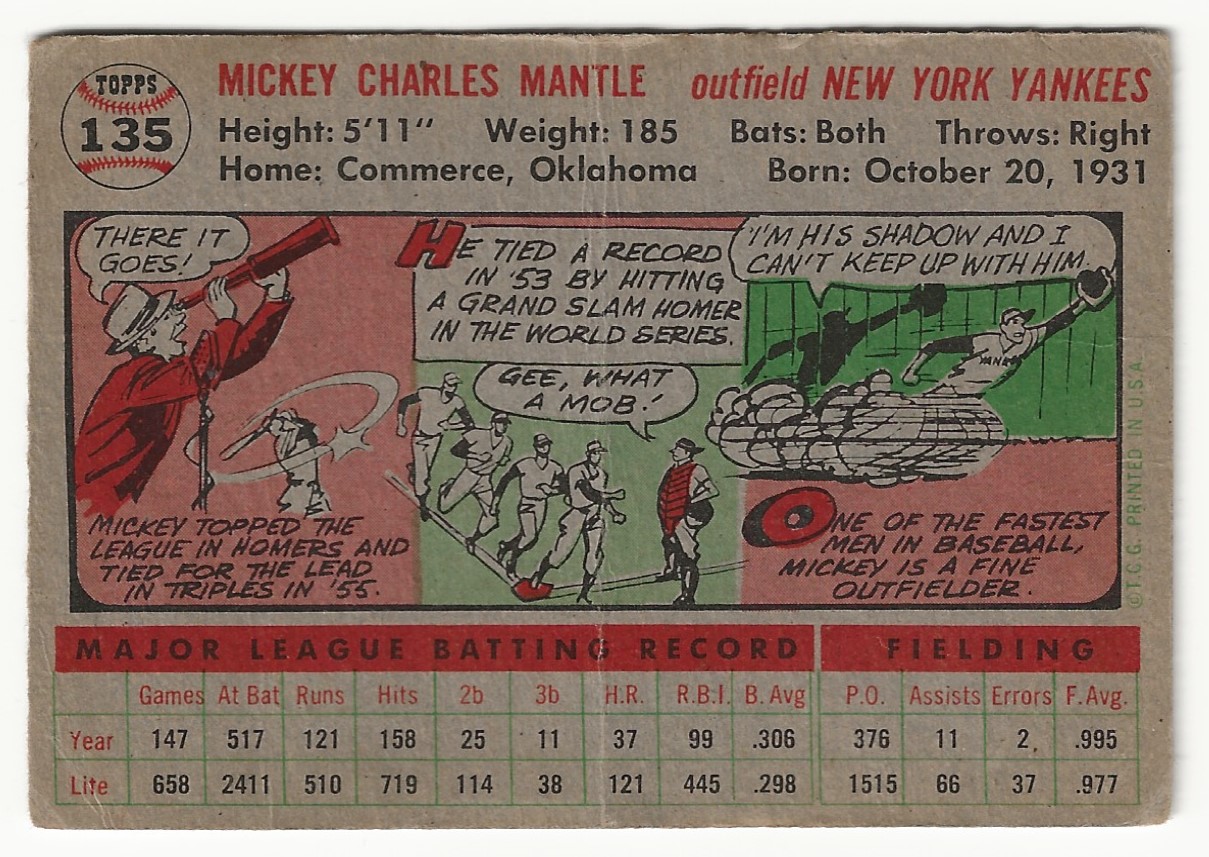 1956 Topps #135 Mickey Mantle back image