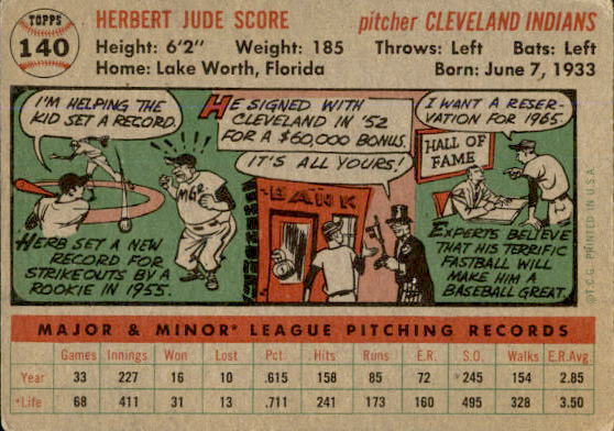 1956 Topps #140 Herb Score RC back image