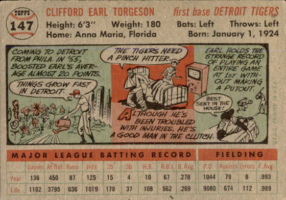 1956 Topps #147 Earl Torgeson back image
