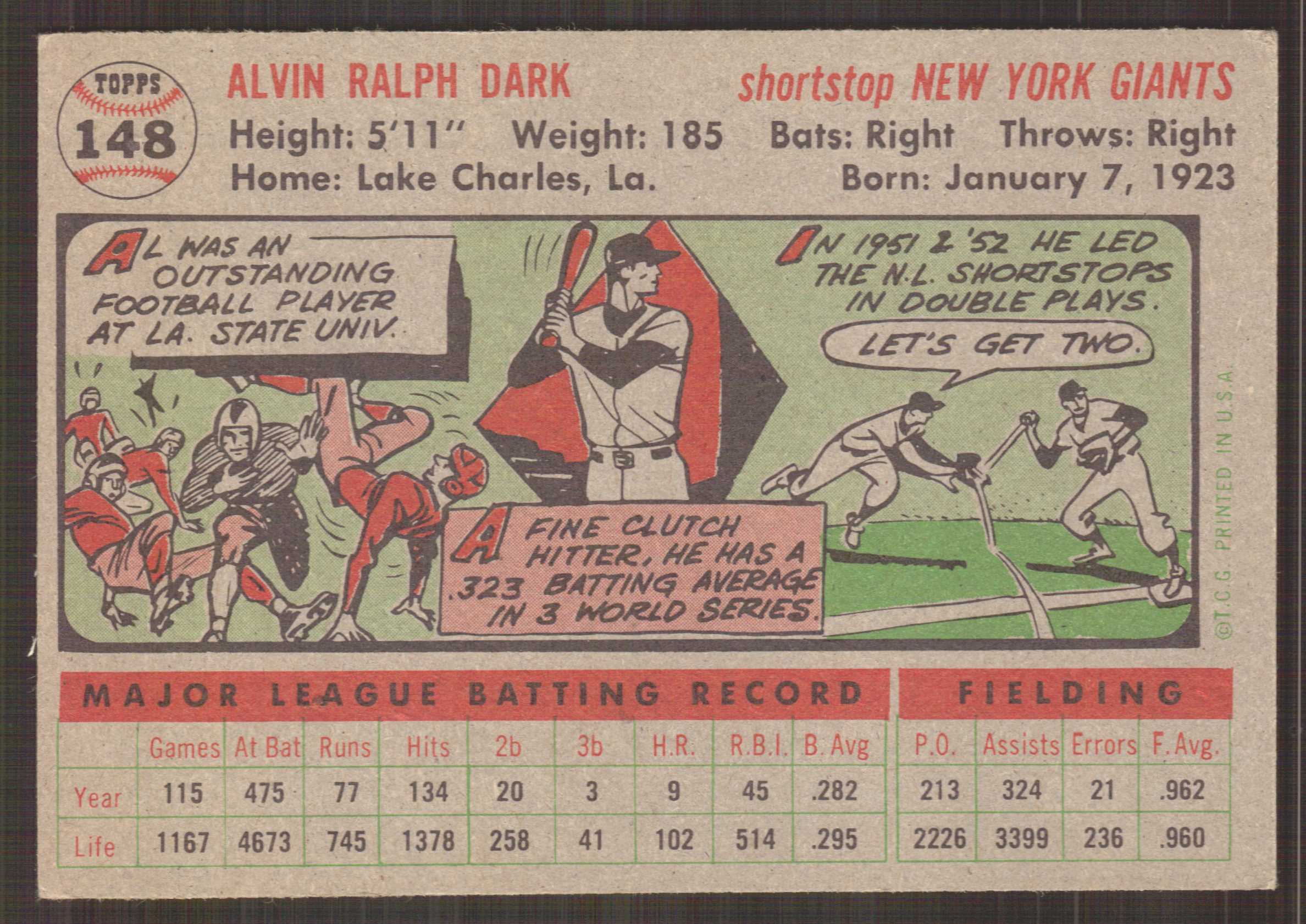 1956 Topps #148 Alvin Dark back image
