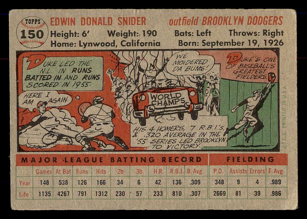 1956 Topps #150 Duke Snider back image