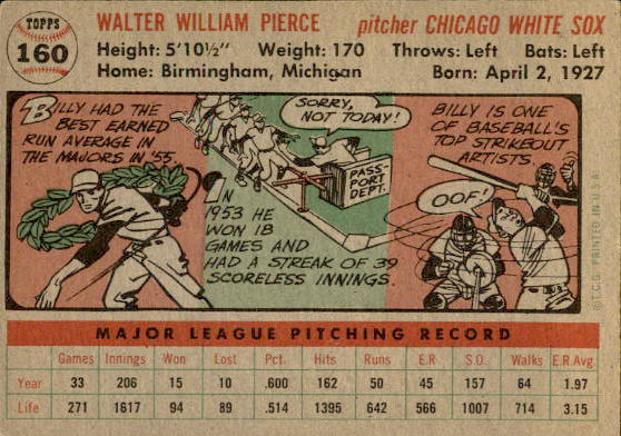 1956 Topps #160 Billy Pierce back image