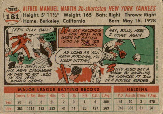 1956 Topps #181 Billy Martin back image