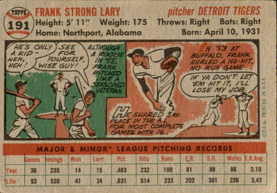 1956 Topps #191 Frank Lary back image