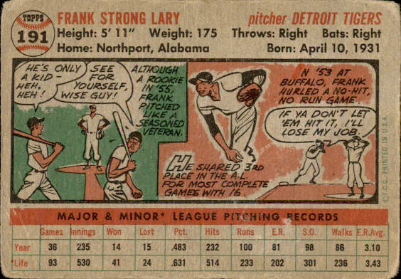 1956 Topps #191 Frank Lary back image