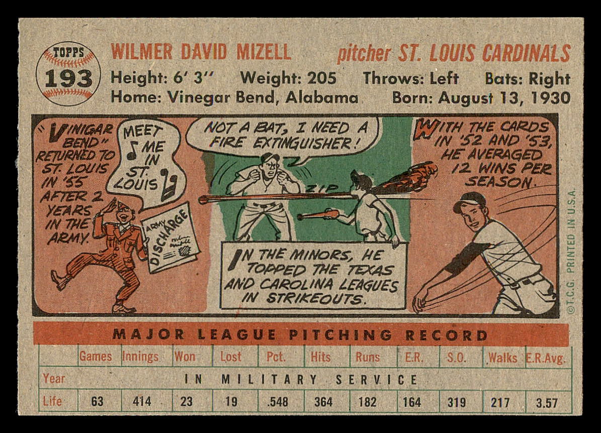 1956 Topps #193 Wilmer Mizell back image