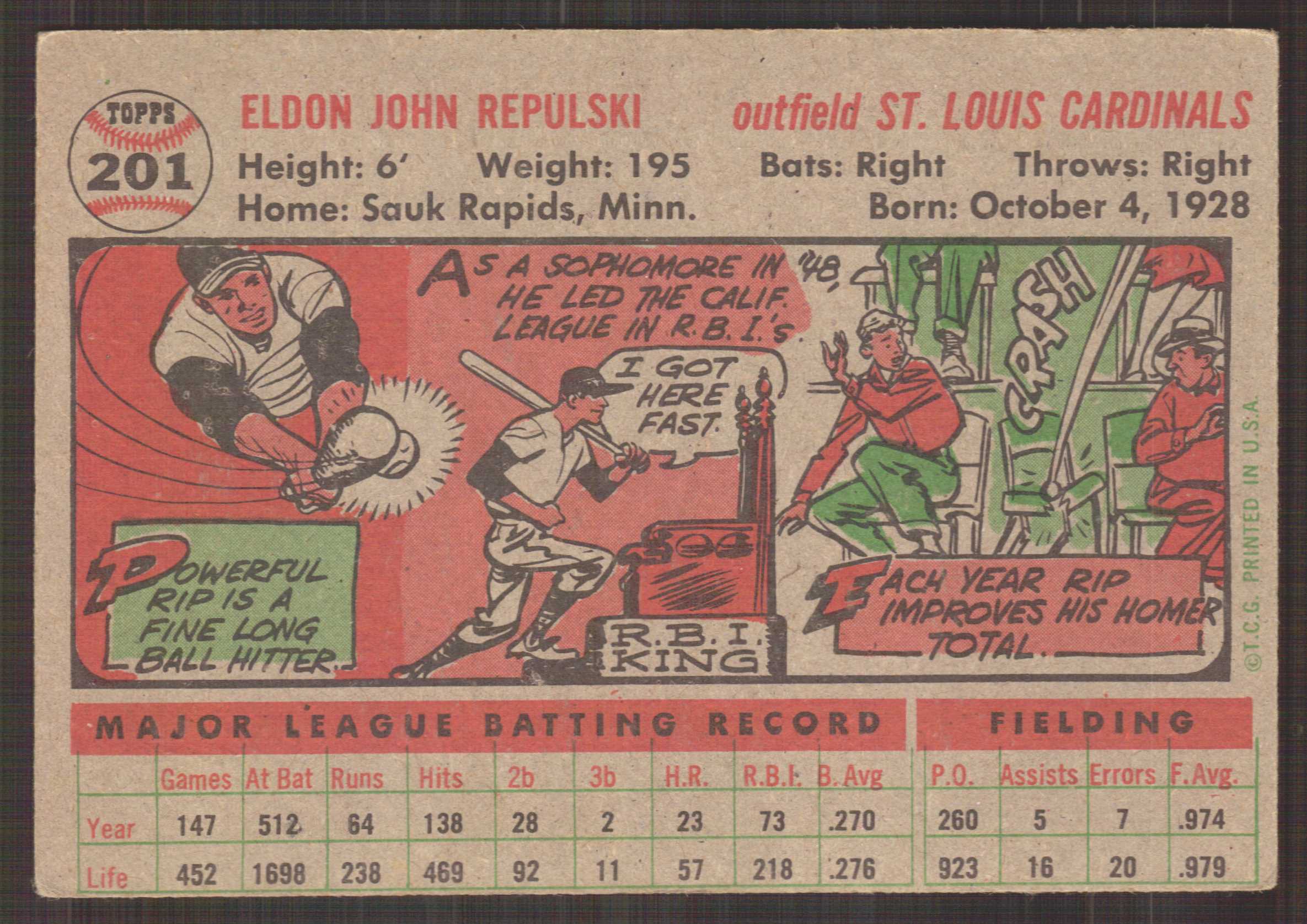1956 Topps #201 Rip Repulski back image