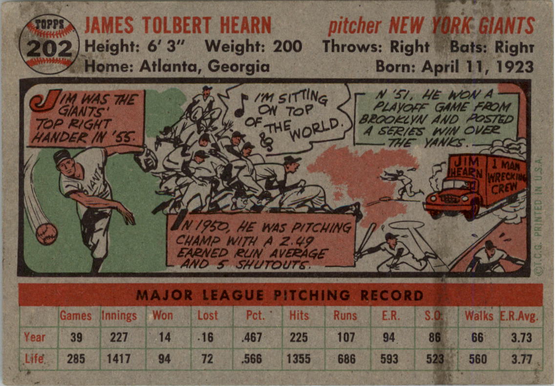 1956 Topps #202 Jim Hearn back image