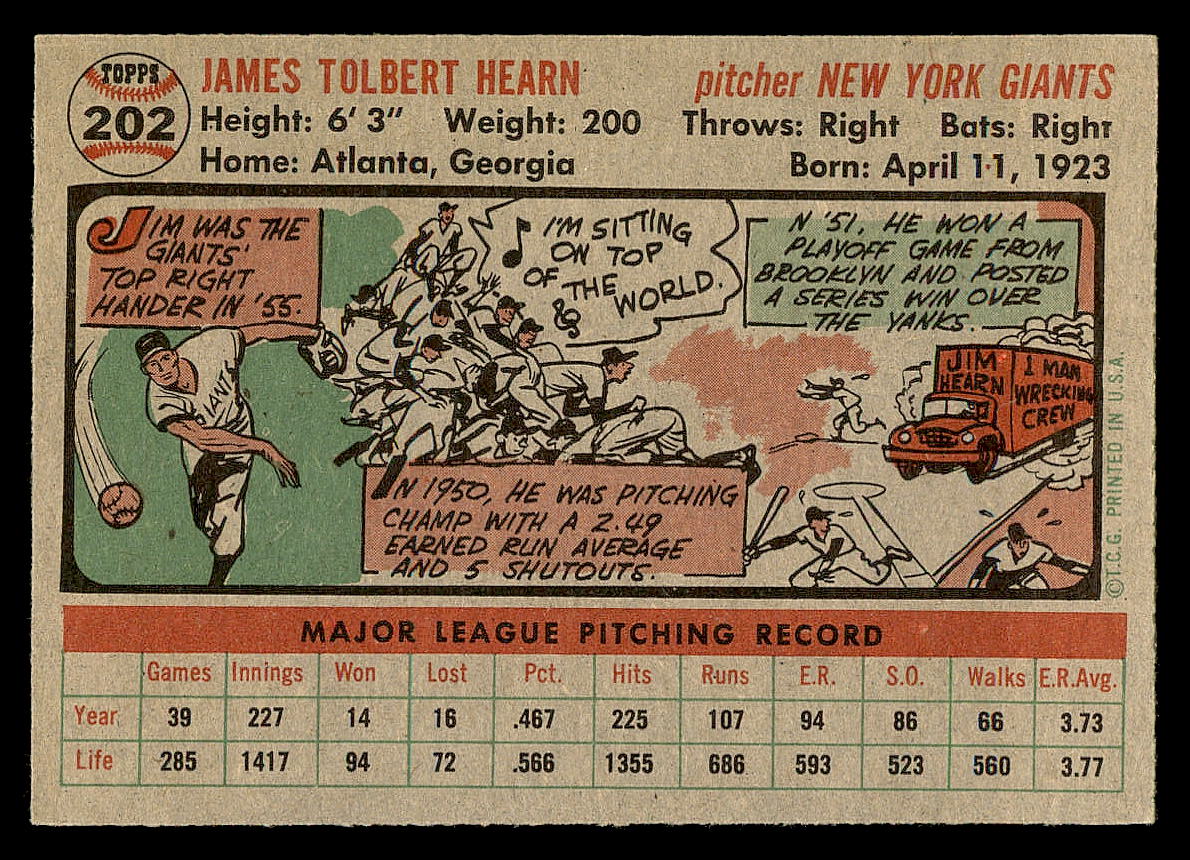 1956 Topps #202 Jim Hearn back image