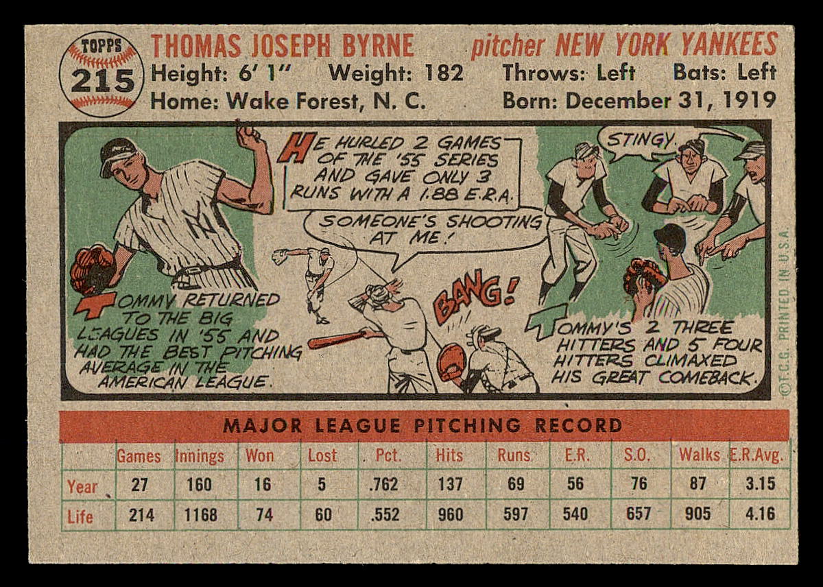 1956 Topps #215 Tommy Byrne back image