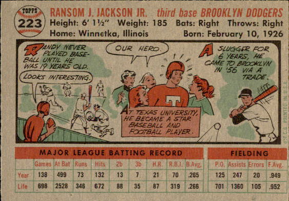 1956 Topps #223 Randy Jackson back image
