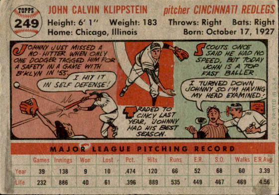 1956 Topps #249 Johnny Klippstein back image