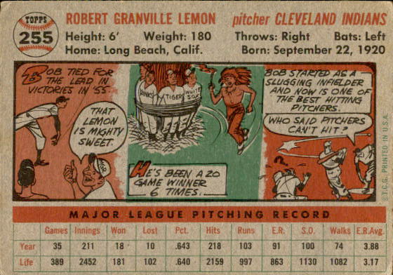 1956 Topps #255 Bob Lemon back image