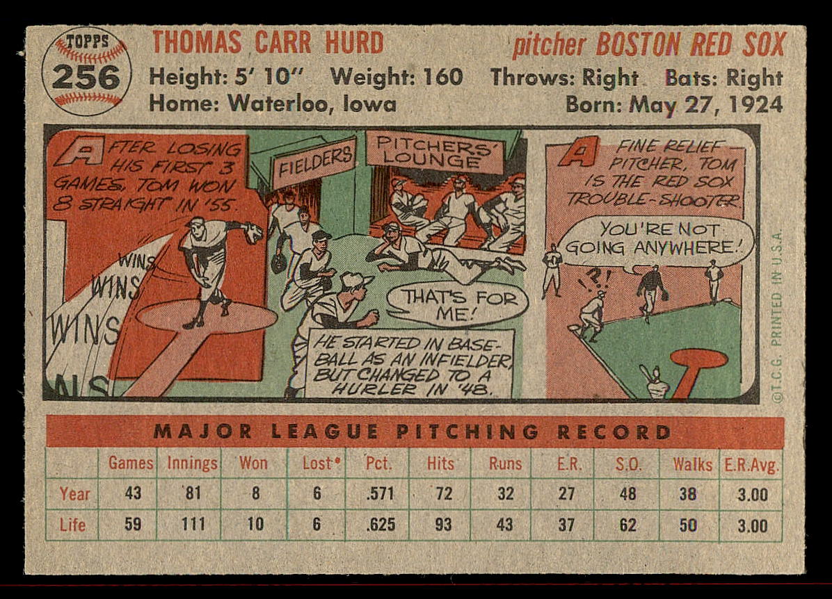 1956 Topps #256 Tom Hurd back image