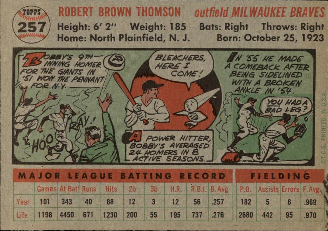 1956 Topps #257 Bobby Thomson back image