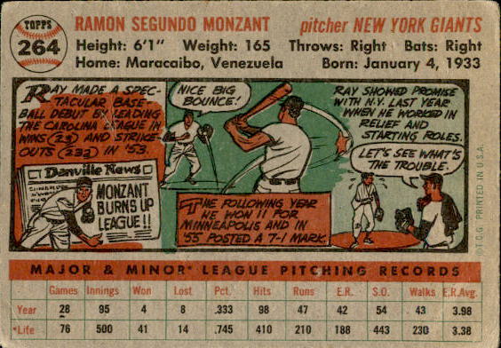 1956 Topps #264 Ray Monzant RC back image