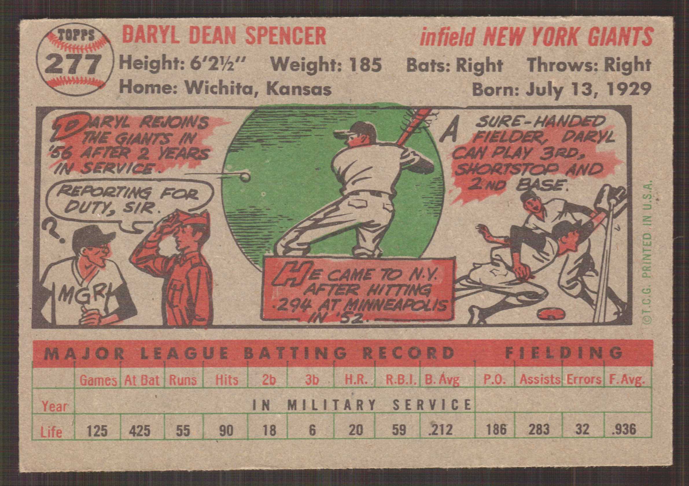 1956 Topps #277 Daryl Spencer back image