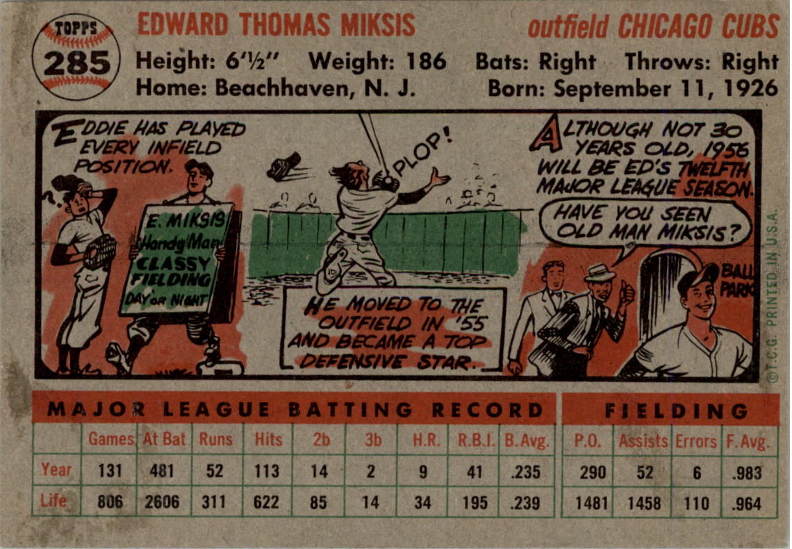 1956 Topps #285 Eddie Miksis back image