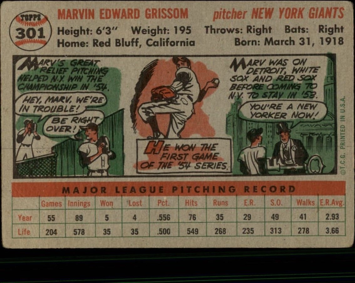 1956 Topps #301 Marv Grissom back image