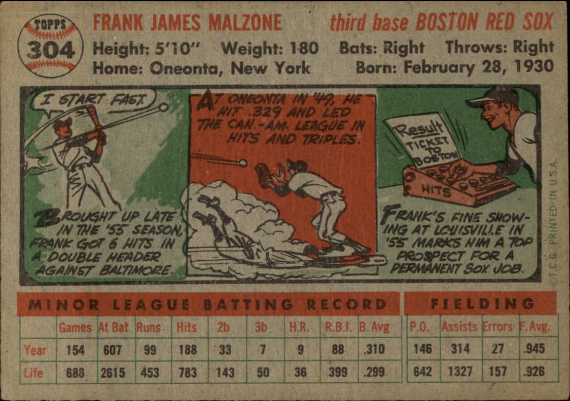 1956 Topps #304 Frank Malzone back image
