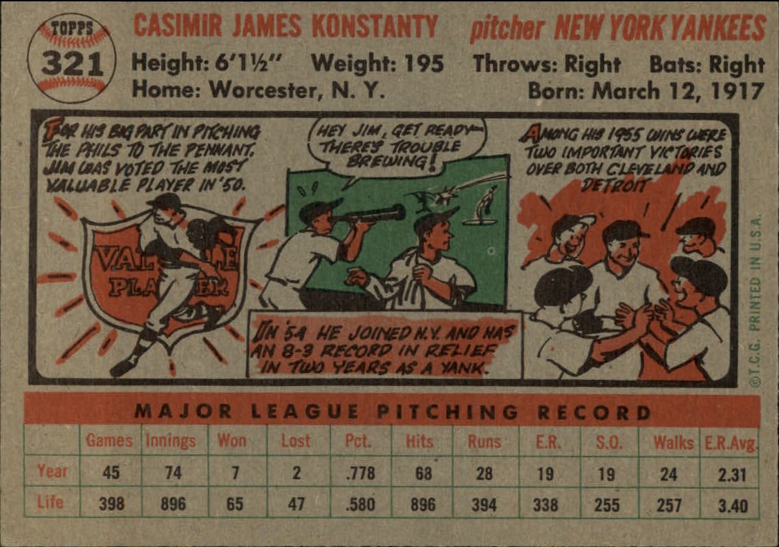 1956 Topps #321 Jim Konstanty back image