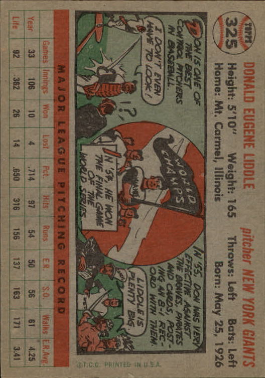 1956 Topps #325 Don Liddle back image
