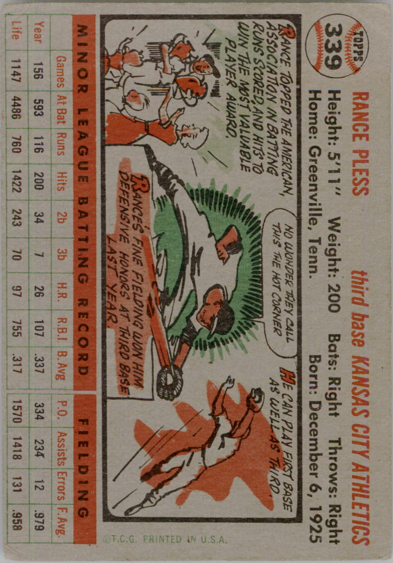 1956 Topps #339 Rance Pless RC back image