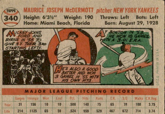 1956 Topps #340 Mickey McDermott back image