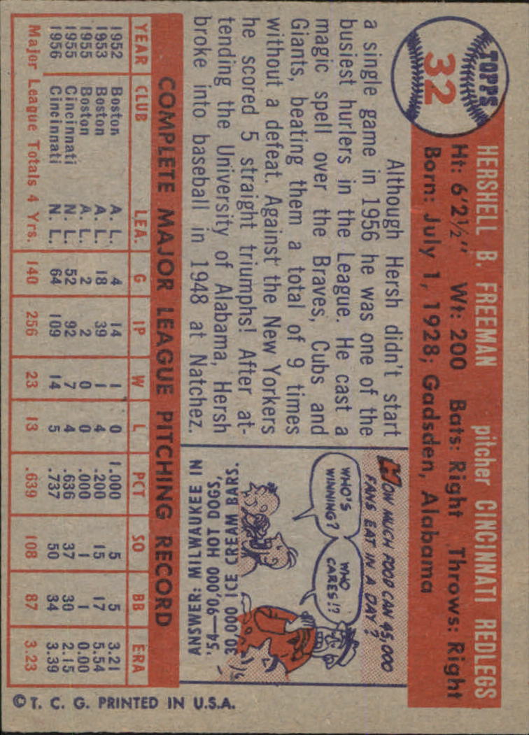 1957 Topps #32 Hershell Freeman back image