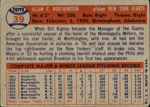 1957 Topps #39 Al Worthington RC back image