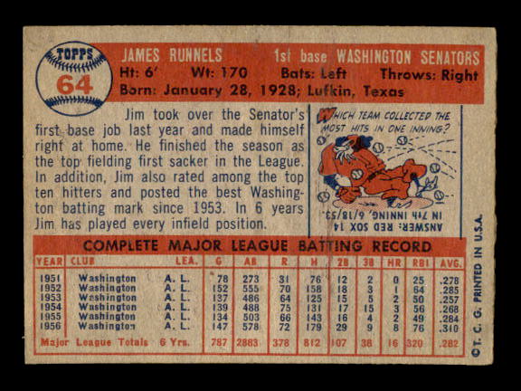 1957 Topps #64 Pete Runnels back image