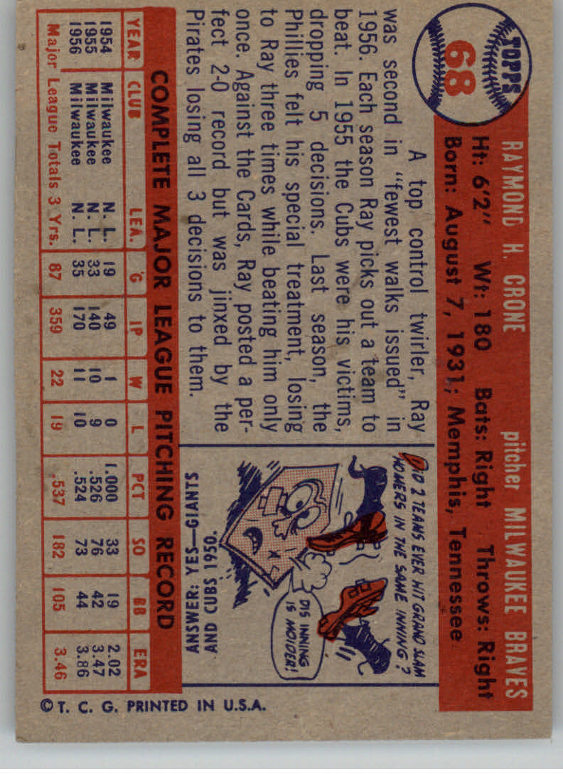 1957 Topps #68 Ray Crone back image