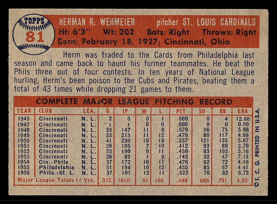 1957 Topps #81 Herman Wehmeier back image