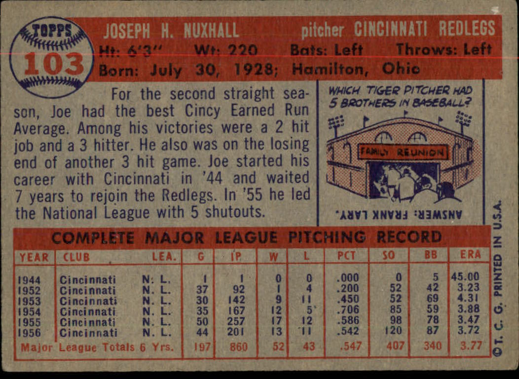 1957 Topps #103 Joe Nuxhall back image