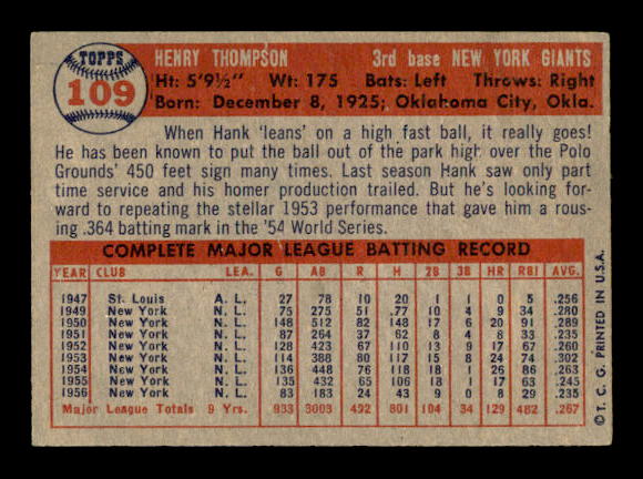 1957 Topps #109 Hank Thompson back image