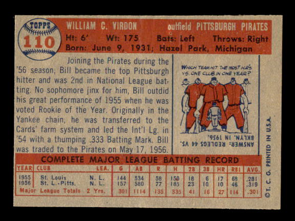 1957 Topps #110 Bill Virdon back image
