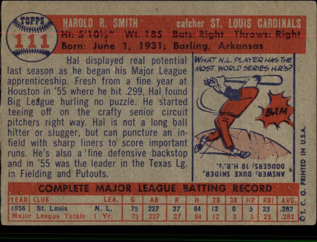 1957 Topps #111 Hal R. Smith back image