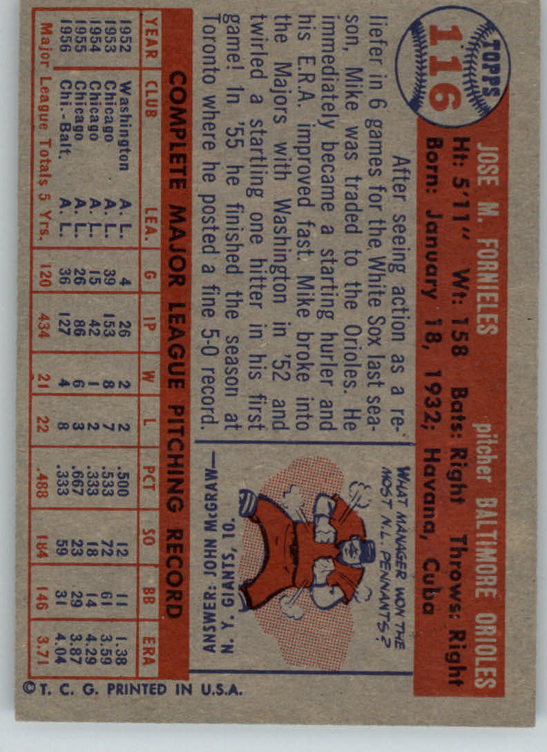 1957 Topps #116 Mike Fornieles back image