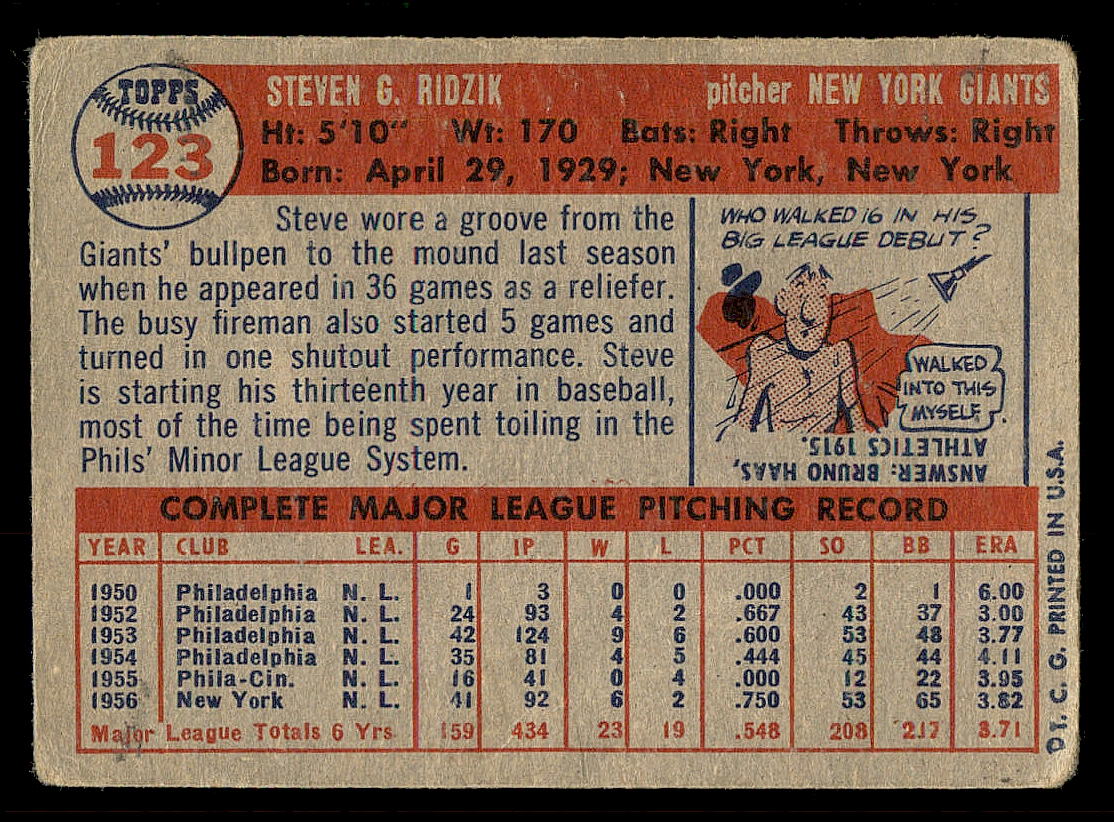 1957 Topps #123 Steve Ridzik back image