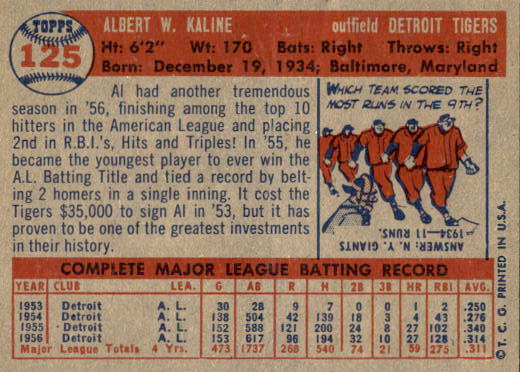1957 Topps #125 Al Kaline back image