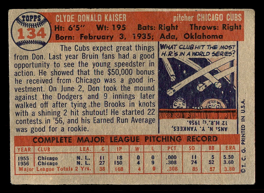 1957 Topps #134 Don Kaiser back image