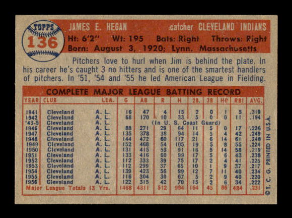 1957 Topps #136 Jim Hegan back image