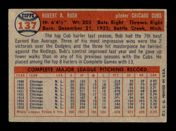 1957 Topps #137 Bob Rush back image