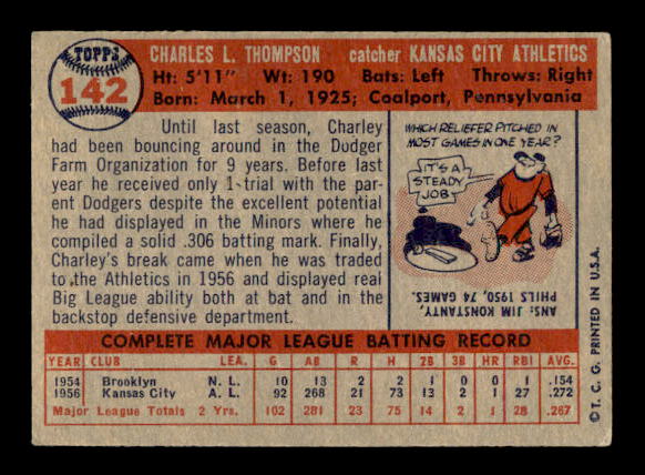 1957 Topps #142 Charley Thompson back image